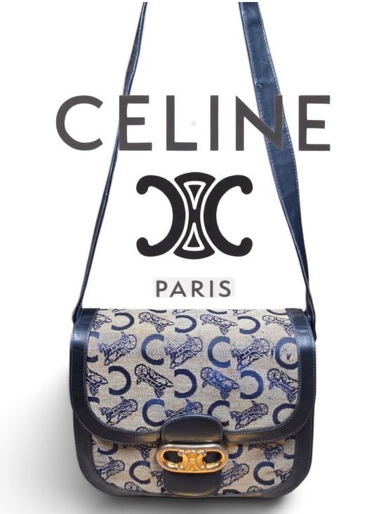 Celine Handbags - Vtg. CELINE C Sulky Horse & Carriage Jacquard Navy Canvas Purse (Retail $1500+)